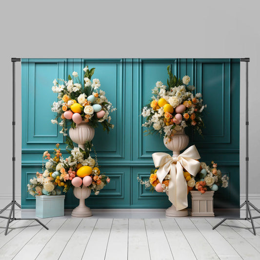 Lofaris Cyan Wall And White Parterre Eggs Easter Backdrop