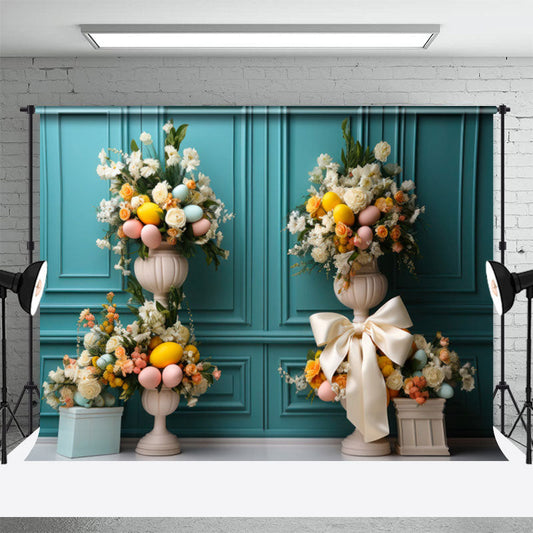 Lofaris Cyan Wall And White Parterre Eggs Easter Backdrop