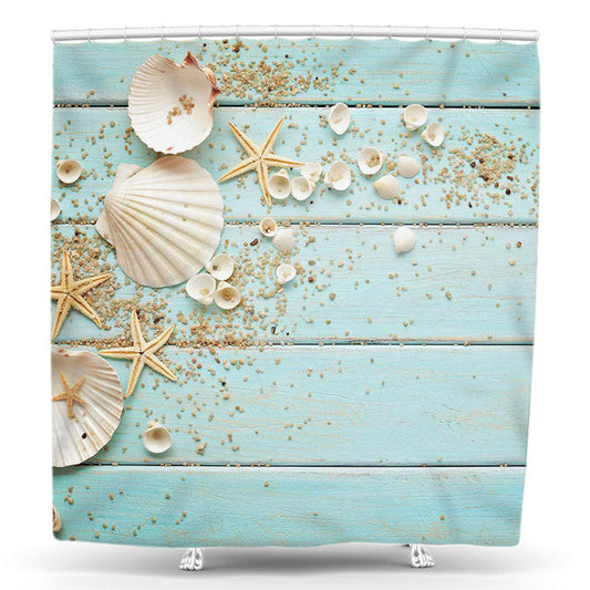 Lofaris Cyan Wood White Shell Starfish Stuff Shower Curtain