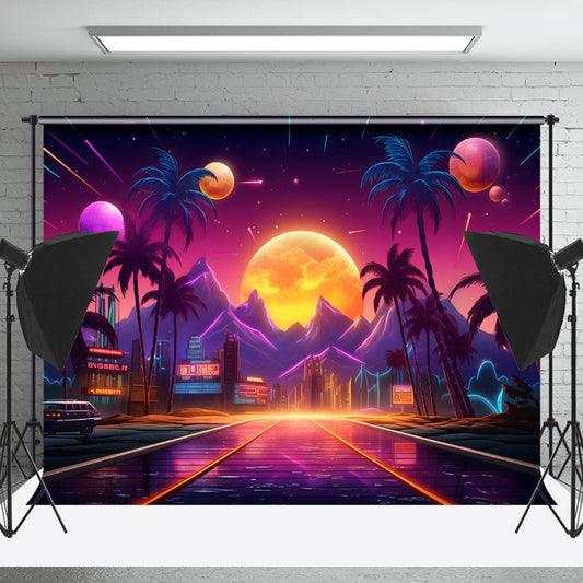 Lofaris Cyberpunk City Palm Tree Summer Backdrop For Photo