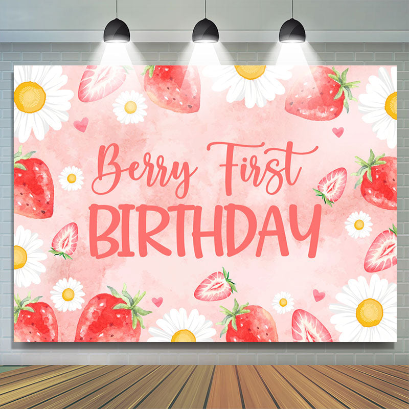 Daisy Pink Berry First Birthday Backdrop For Girls - Lofaris