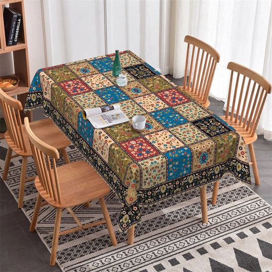 Lofaris Dark Beige Blue Bohemian Bistro Rectangle Tablecloth