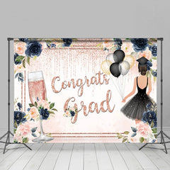Lofaris Dark Blue Floral Pink Glitter Congrats Grad Backdrop