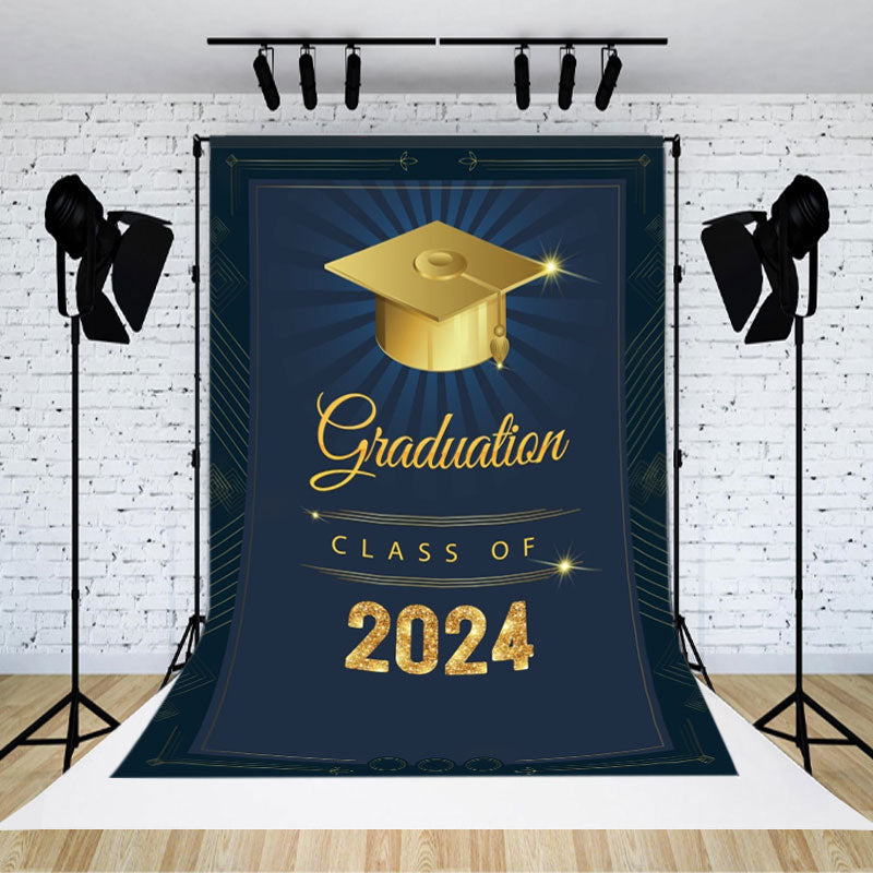 Lofaris Dark Blue Gold Bachelor Cap Class 2024 Grad Backdrop