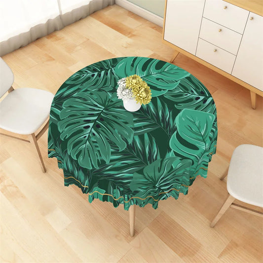 Lofaris Dark Green Monstera Summer Gold Round Tablecloth