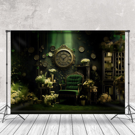 Lofaris Dark Green Retro Ornaments Clock Floral Backdrop