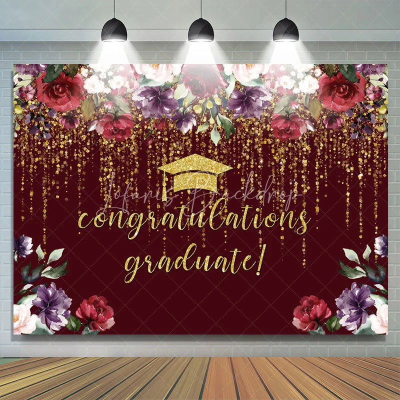 Lofaris Dark Red Floral Gold Glitter Congratulation Grad Backdrop