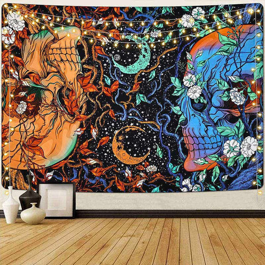 Lofaris Death Gaze Floral Orange Blue Skull Moon Tapestry