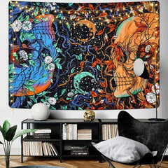 Lofaris Death Gaze Floral Orange Blue Skull Moon Tapestry