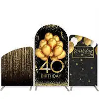 Decorative 40th birthday party backdrop with gold balloons and black glitter design.
