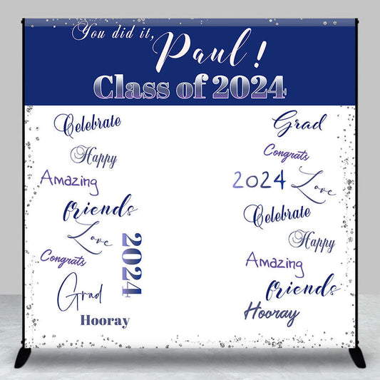 Lofaris Deep Blue White Custom Graduation Party Backdrop