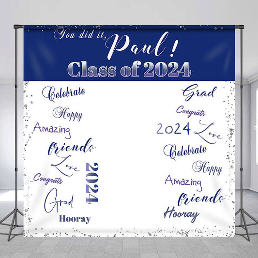 Lofaris Deep Blue White Custom Graduation Party Backdrop
