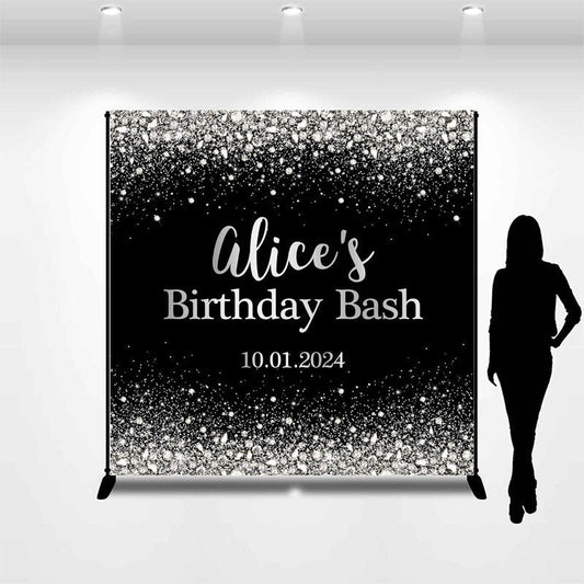 Lofaris Diamond Glitter Black Custom Name Birthday Backdrop