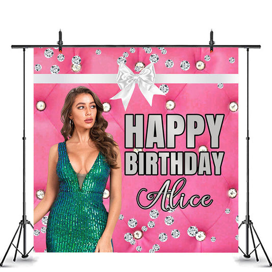 Lofaris Diamond Pink Personalized Happy Birthday Backdrop