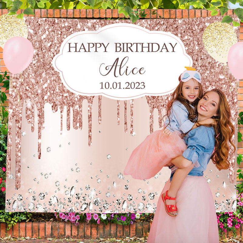 Lofaris Diamond Rose Gold Glitter Custom Birthday Backdrop