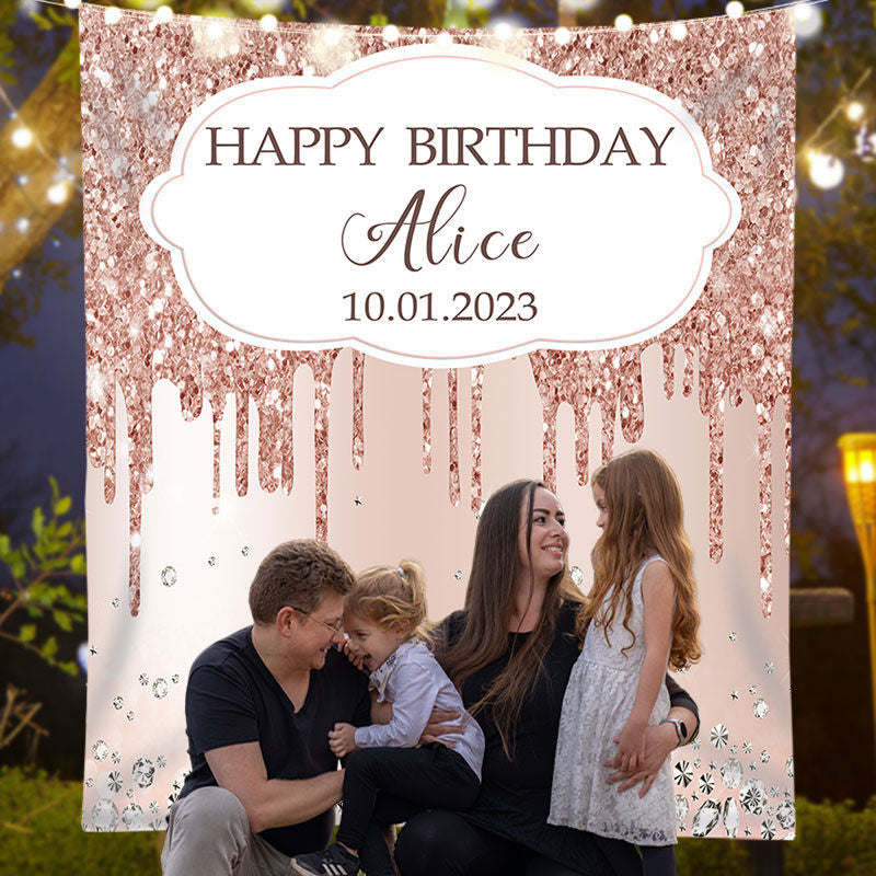 Lofaris Diamond Rose Gold Glitter Custom Birthday Backdrop