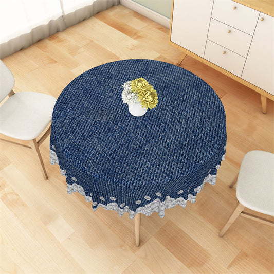 Lofaris Diamonds Dark Blue Denim Textured Round Tablecloth