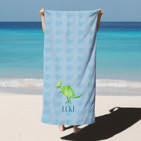 Lofaris Dinosaur Blue Custom Name Beach Towel as Gifts