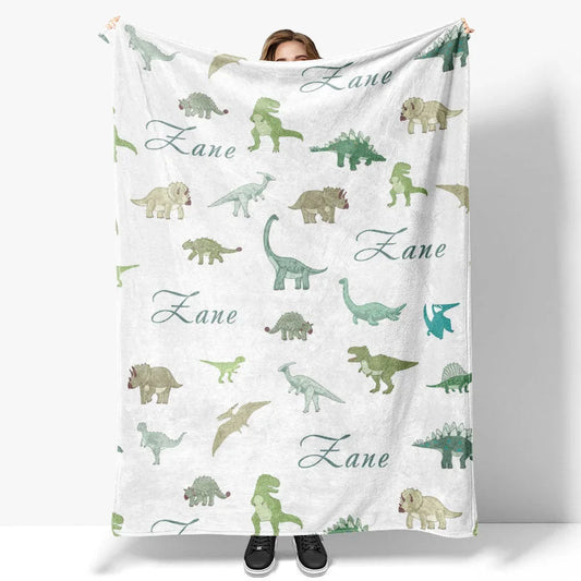 Lofaris Dinosaur Personalized Green Baby Name Blanket