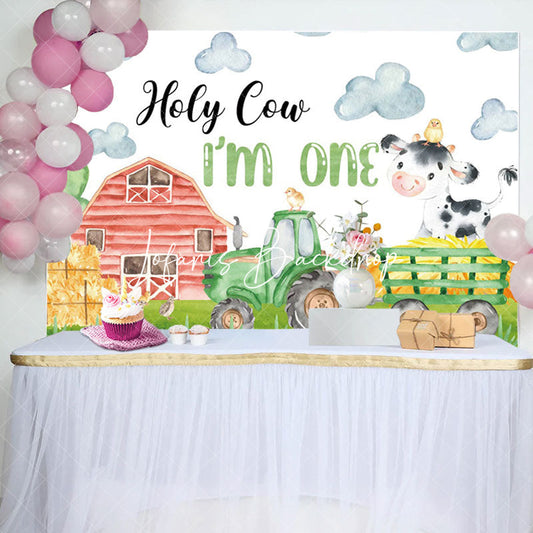 Lofaris Drawn Farm Barn Hay Holy Cow 1st Birthday Backdrop