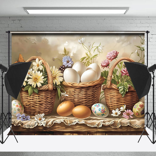 Lofaris Easter Eggs White Pink Flower Photography Backdrop