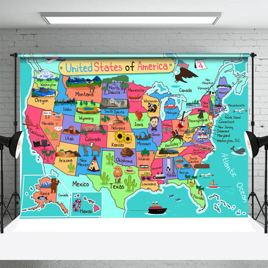 Lofaris Educational USA Map Independence Day Kids Backdrop