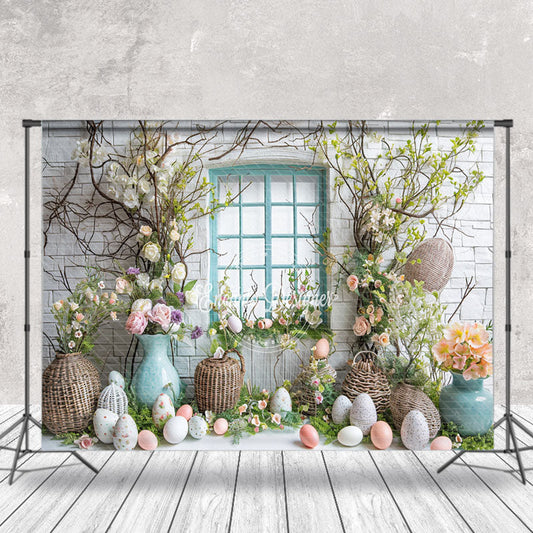 Lofaris Egg Window Green Leaves Easter Backdrop For Photo