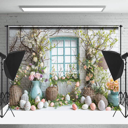 Lofaris Egg Window Green Leaves Easter Backdrop For Photo