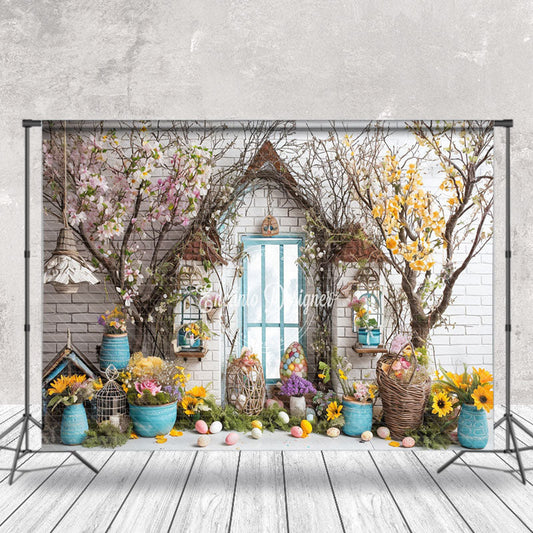 Lofaris Eggs Yellow Floral Brick Wall Easter Photo Backdrop