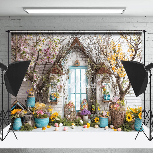 Lofaris Eggs Yellow Floral Brick Wall Easter Photo Backdrop