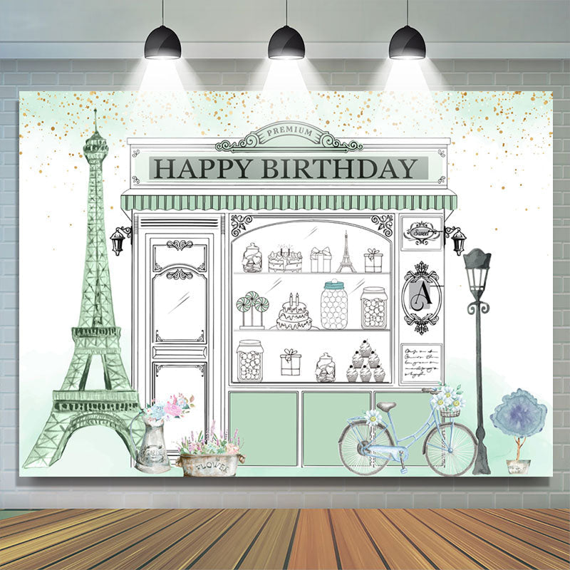 Lofaris Eiffel Tower Pale Green Shopwindow Birthday Backdrop