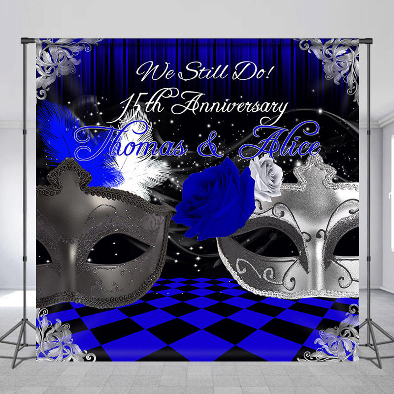 Lofaris Elegant Blue Plaid Custom Wedding Mask Party Backdrop