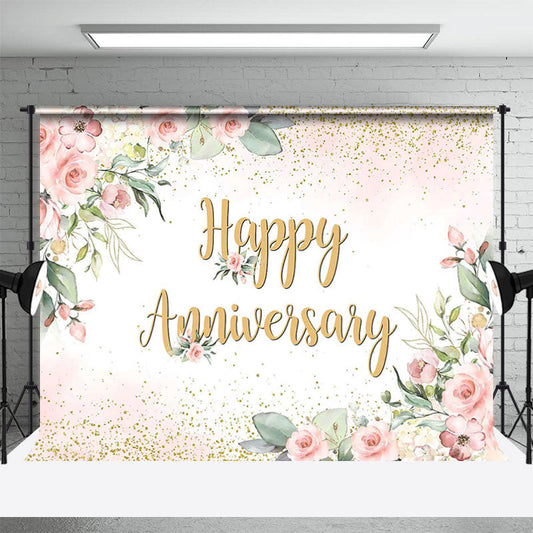 Lofaris Elegant Boho Floral Gold Happy Anniversary Backdrop