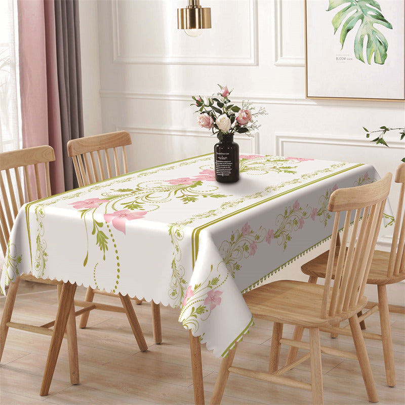 Lofaris Elegant Green Pink Flowers Line Rectangle Tablecloth