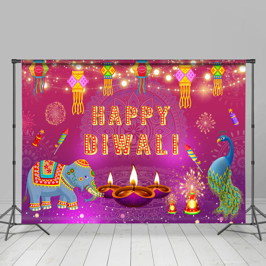 Lofaris Elephant Peacock Spark Lights Happy Diwali Backdrop