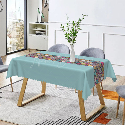 Lofaris Ethnic Design Plaid Boho Blue Rectangle Tablecloth