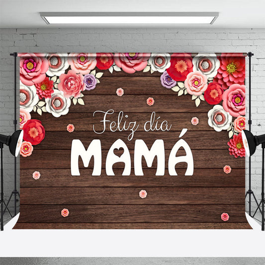 Lofaris Feliz Dia Mama Red Floral Wooden Mothers Day Backdrop