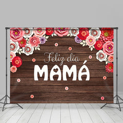Lofaris Feliz Dia Mama Red Floral Wooden Mothers Day Backdrop