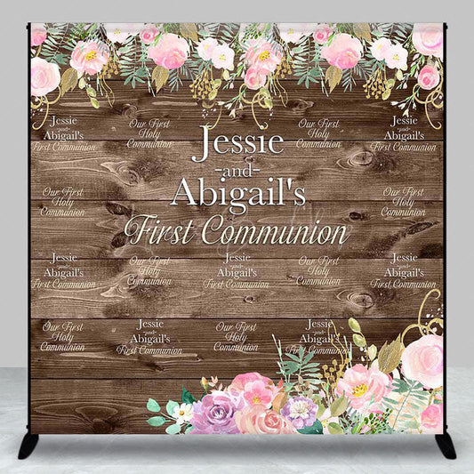 Lofaris First Communion Floral Wood Custom Baptism Backdrop