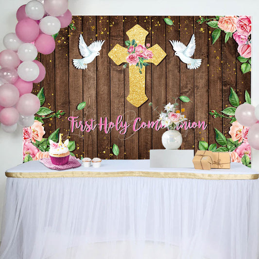 Lofaris First Communion Floral Wooden Wall Baptism Backdrop
