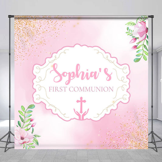 Lofaris First Communion Pink Floral Custom Baptism Backdrop