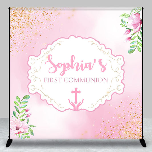 Lofaris First Communion Pink Floral Custom Baptism Backdrop