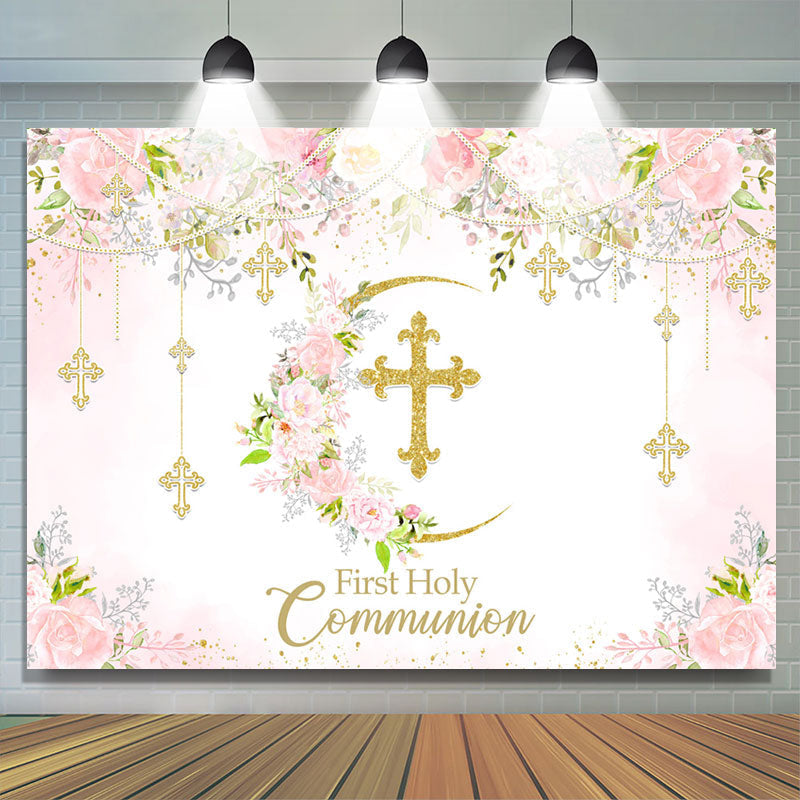 First Holy Communion Floral Pink Baptism Backdrop - Lofaris