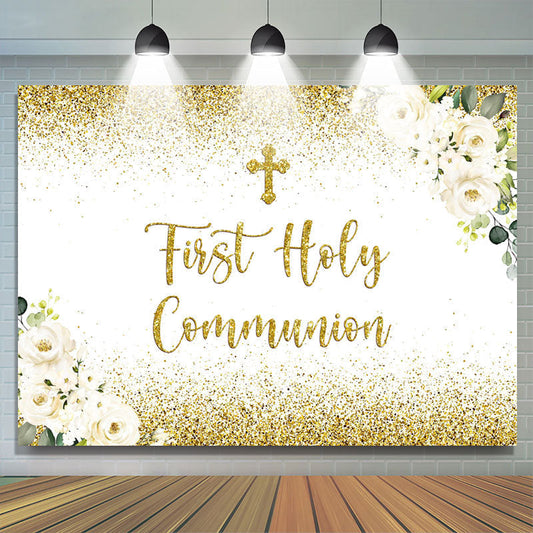 (Ship In 24HR) First Holy Communion Golden Glitter Baptism Backdrop