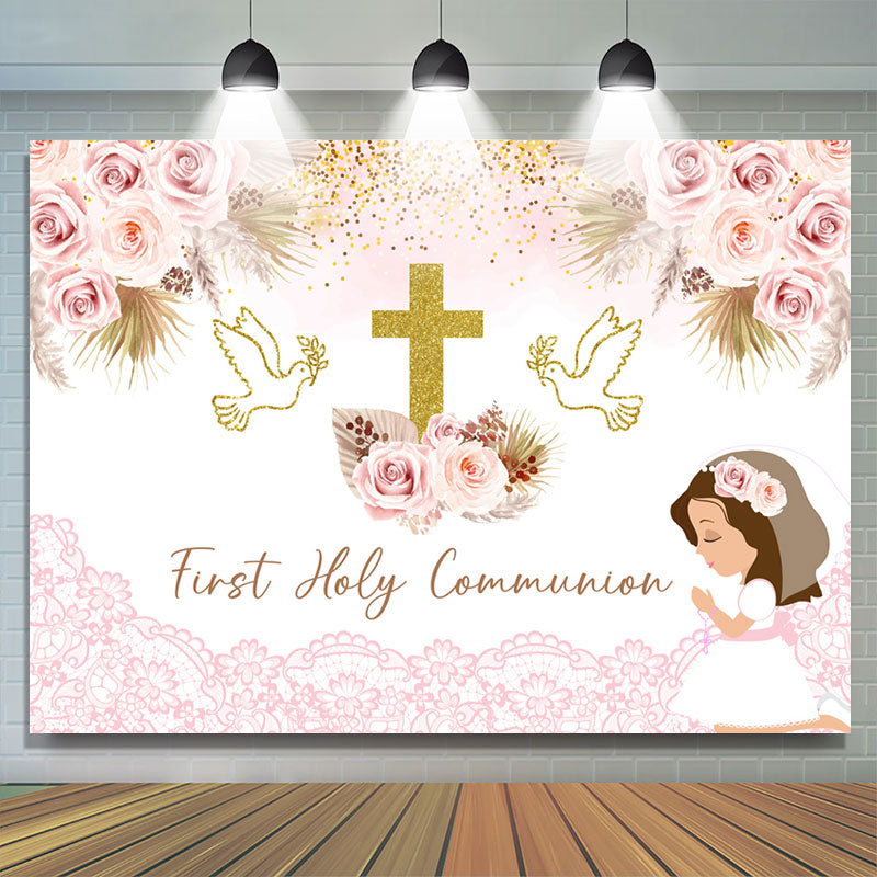 Lofaris First Holy Communion Pink Floral Baptism Backdrop