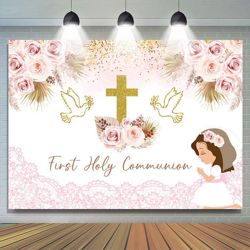 First Holy Communion Pink Floral Baptism Backdrop - Lofaris
