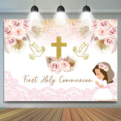 Lofaris First Holy Communion Pink Floral Baptism Backdrop