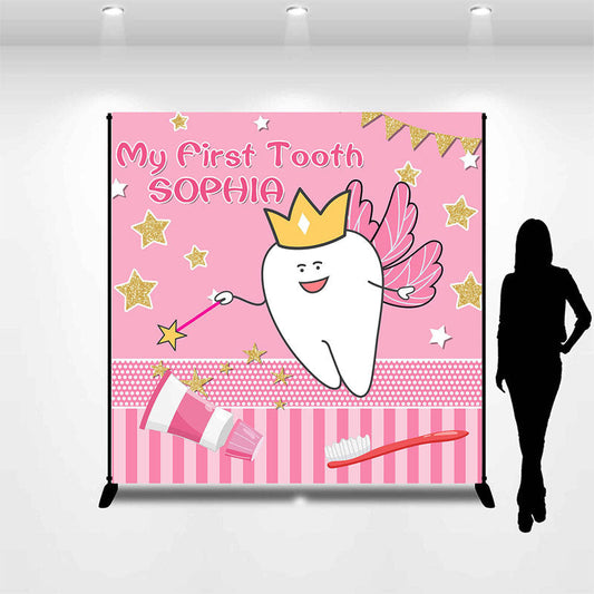 Lofaris First Tooth Pink Custom Name 1st Birthday Backdrop