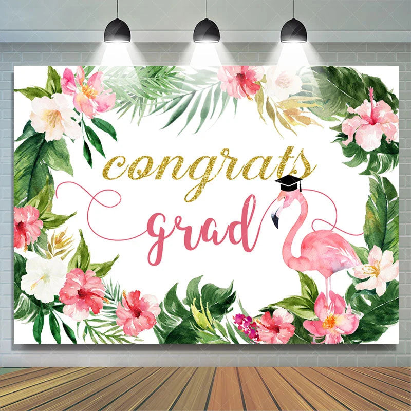 Lofaris Flamingo Hawaii Floral Congrats Grad Backdrop