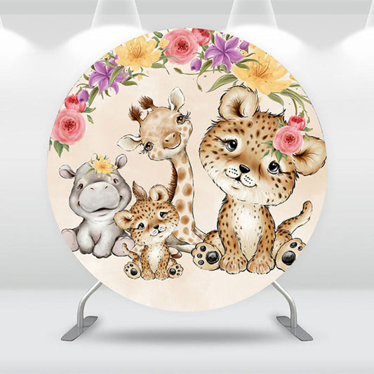 Lofaris Floral Animals Khaki Round Birthday Backdrop Kit